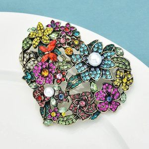 Faux Pearl Multicolor Pave Crystal Large Statement HEART Lapel Sweater Brooch